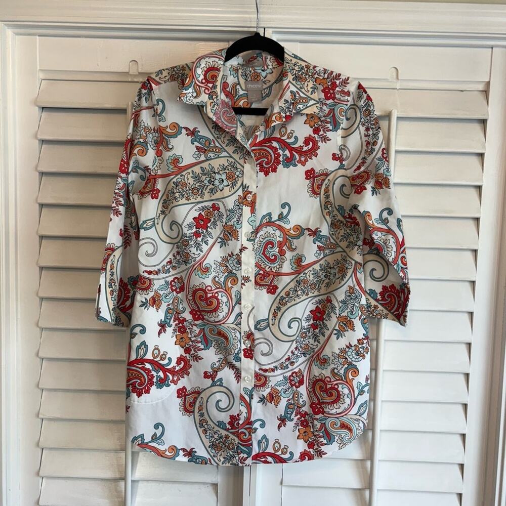 Chico’s‎ White Floral Button Down Tunic Top Size 0 (4/6)